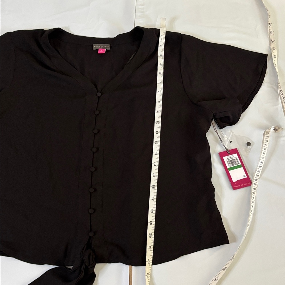Vince Camuto V-Neck Button Tie Blouse Black Short Sleeve Top Sz L - Picture 6 of 8
